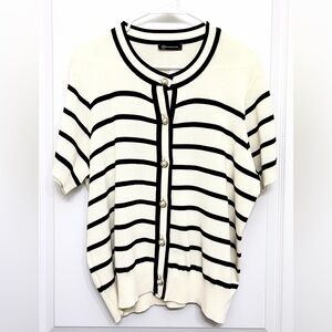 Stripe Knit Short Sleeve Cardigan Pearl Button Cream Black L NWT